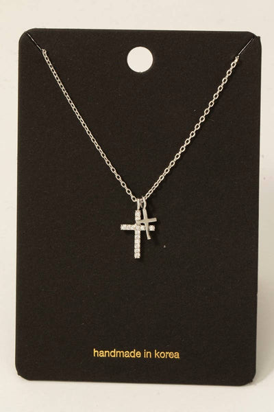 Cz Pave Double Cross Pendant Necklace: S - Lulu Bella Boutique