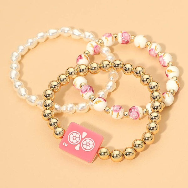 3PCS - Mahjong Charm Accent Floral Pearl Beaded Stretch Multi Layered Bracelets: Gold,Ivory