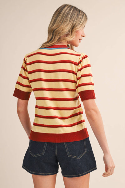 STRIPED SHORT SLEEVE SWEATER MSW11335: LEMON SIENNA / S - Lulu Bella Boutique