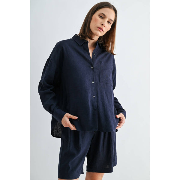 LINEN DROP SHOULDER SHIRT: Navy / S-M-L(2-2-2) - Lulu Bella Boutique