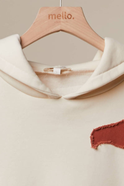Abstract Patch Hoodie with Kangaroo Pocket: Cream