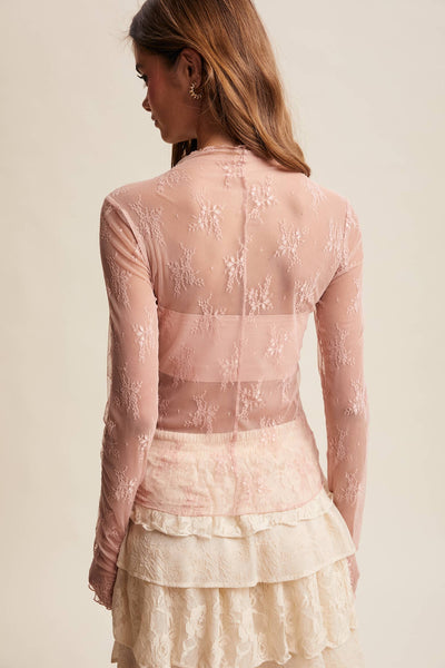 Sheer Lace Long-Sleeve Top LT1354: Blush / XS - Lulu Bella Boutique