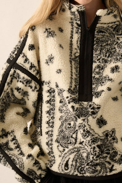 Floral Sherpa Fleece Half-Zip Pullover Jacket: Cream-Black / S - Lulu Bella Boutique