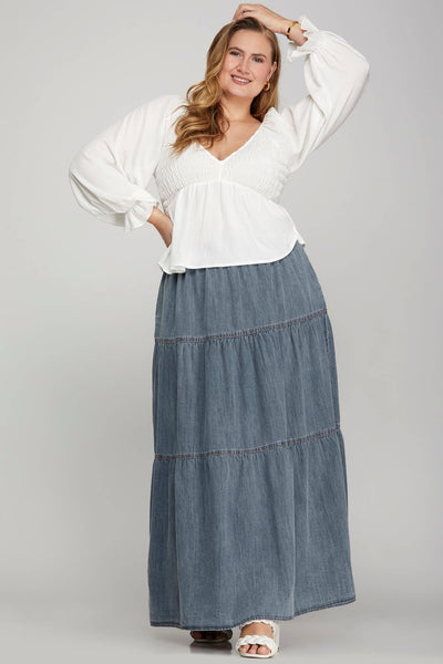 Plus Washed Denim Tiered Long Skirt: DENIM BLUE - Lulu Bella Boutique