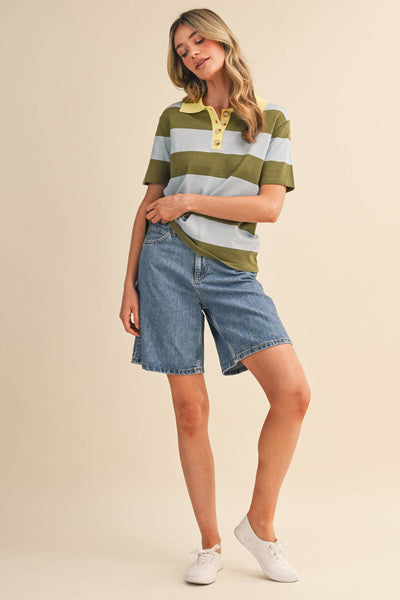 STRIPED SWEATER KNIT SHORT SLEEVE POLO MSW11339: BLUE SAGE / S - Lulu Bella Boutique