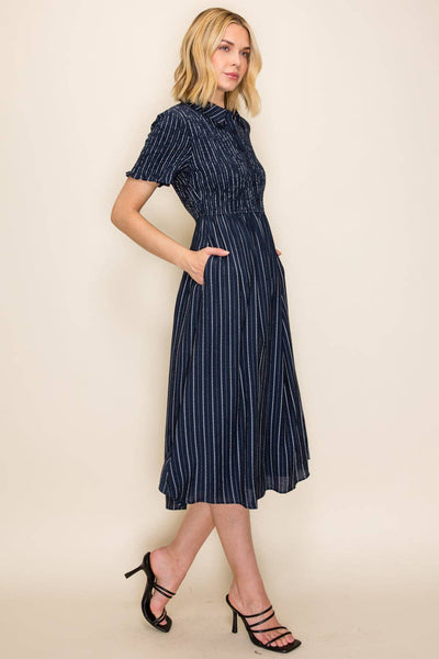 Smocked Bodice Button-Down Dress: Navy / S - Lulu Bella Boutique