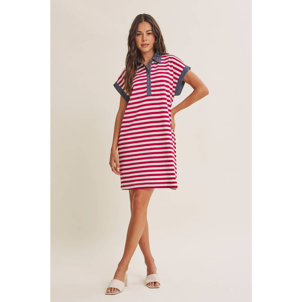YACHT CLUB RELAXED FIT CASUAL STRIPE POLO MINI DRESS: BURGUNDY/CREAM