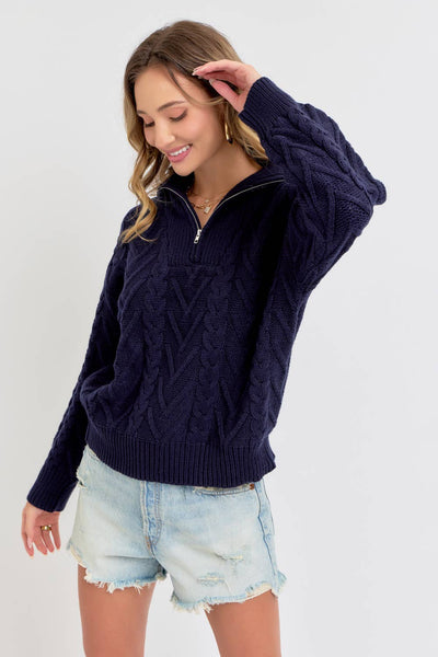 CABLE KNIT ZIPPER FRONT SWEATER: NAVY / Contemporary / M