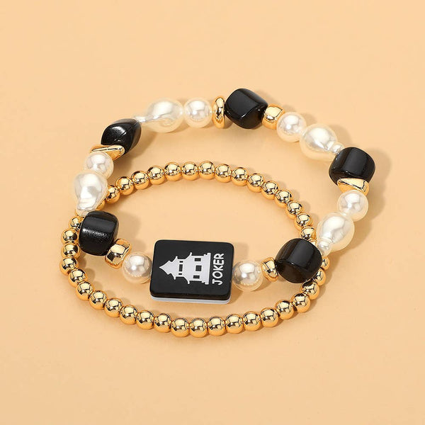 2PCS - Mahjong Tile Pearl Beaded Stretch Multi Layered Bracelets: Blue,Gold