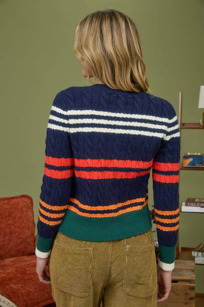 MULTICOLOR STRIPE CABLE KNIT BUTTON DOWN CARDIGAN: NAVY - Lulu Bella Boutique