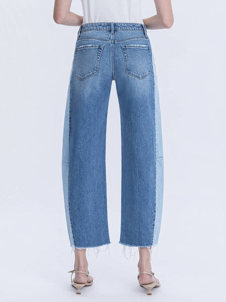 HIGH RISE TWO TONE BARREL LEG JEANS F6041: BLUE MEMOIR / 28 - Lulu Bella Boutique