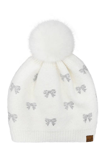 C.C Allover Rhinestone Mini Bow Pom Beanie: Red