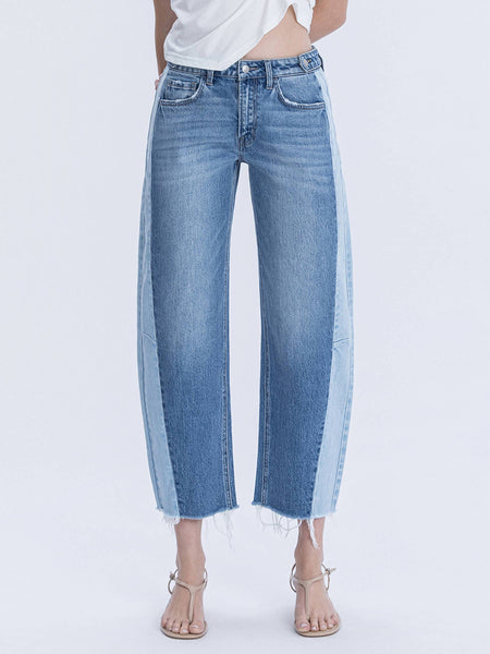 HIGH RISE TWO TONE BARREL LEG JEANS F6041: BLUE MEMOIR / 28 - Lulu Bella Boutique