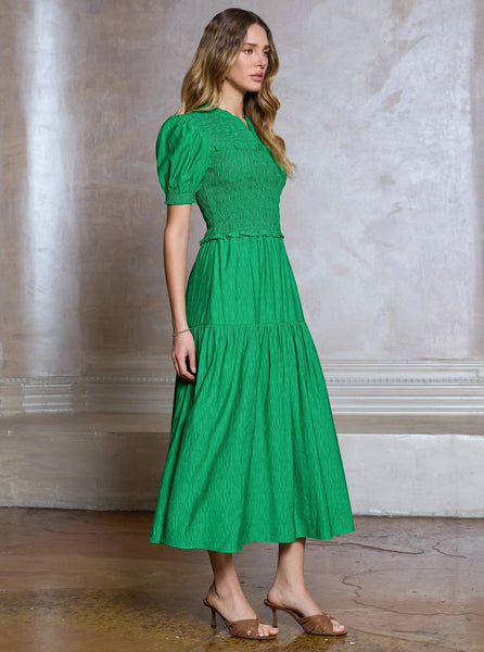 Smocked Short Sleeve Tiered Midi Dress: Spring Green / XS - Lulu Bella Boutique