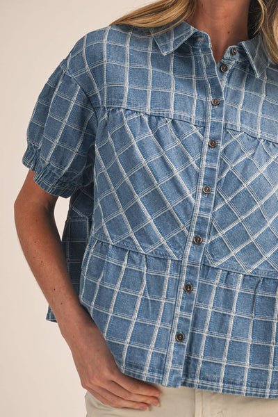 CHECKERED DENIM BUTTON DOWN TOP MTP4657: LIGHT DENIMBLUE / S - Lulu Bella Boutique