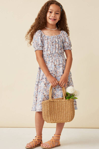 Girls Floral Print Smock Detail Puff Sleeve Mini Dress: Blue