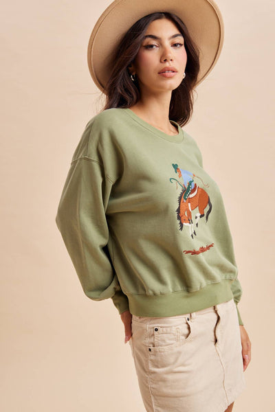 HORSE EMBROIDERED CREWNECK PULLOVER: DUSTY OLIVE