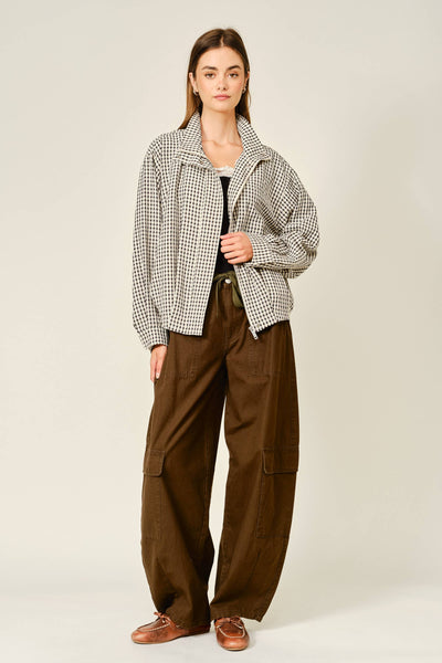 PLAID FUNNEL NECK BOMBER JACKET: ECRU/BLACK