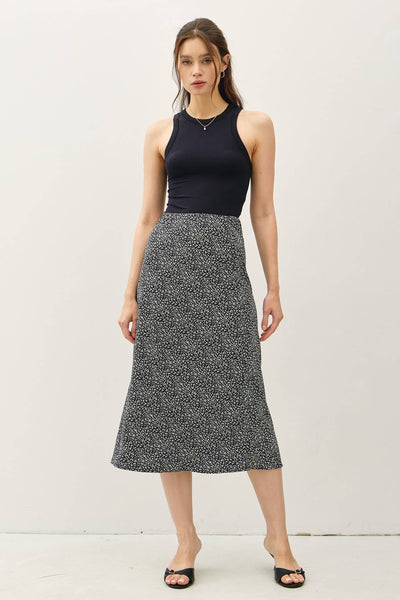 PRINT MIDI SKIRT WITH ELASTIC WAISTBAND: Black - Lulu Bella Boutique