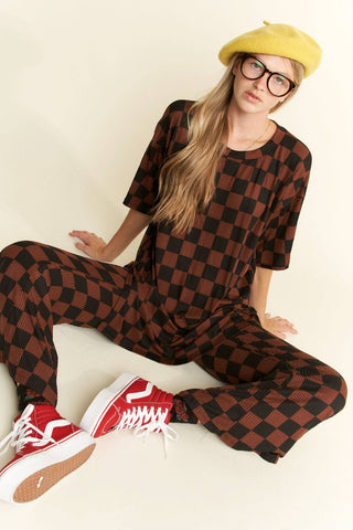 RIBBED CHECKERED PRINT TOP/STRAIGHT LEG PANTS SET: MOCHA/BLACK / S - Lulu Bella Boutique