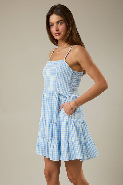 SQUARE NECK SHOULDER STRAP TIERED MINI DRESS: WHITE-BLUE GINGHAM / S - Lulu Bella Boutique