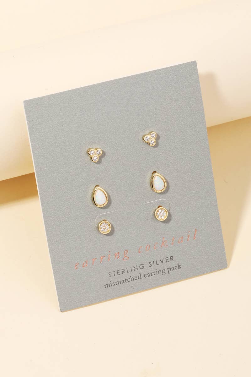 Sterling Silver Three Pair Stud Earring Set: G