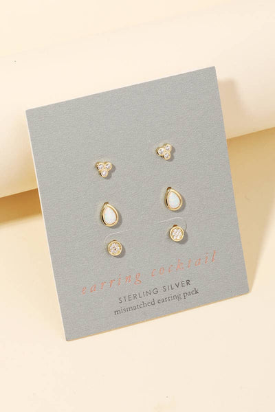 Sterling Silver Three Pair Stud Earring Set: G