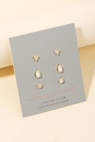 Sterling Silver Three Pair Stud Earring Set: G