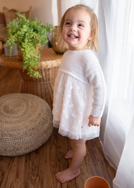 Milan White Floral Embroidered Tutu Knit Baby Dress Organic: Pure White