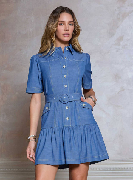 Shirt Mini Dress W/ O-ring Buckle Belt: Blue / XS - Lulu Bella Boutique
