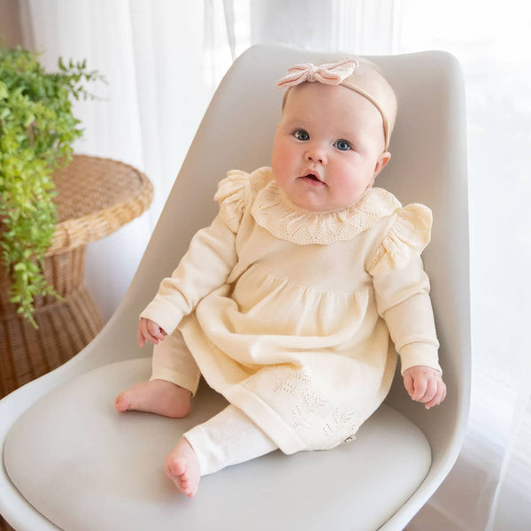 Milan Ruffle Collar Pointelle Knit Baby Dress - Organic: Cream