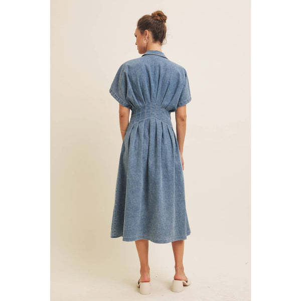 STRETCHY DENIM MIDI DRESS WITH MINERAL-WASHED: WASHED DENIM / L - Lulu Bella Boutique