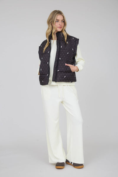 POLKA DOT BOW PATTERN ZIP-UP PUFFER VEST: BLACK - Lulu Bella Boutique