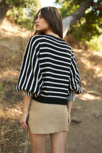 Stripe Puff Sleeve Sweater: Black/White / S