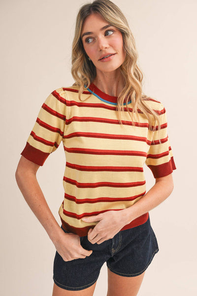 STRIPED SHORT SLEEVE SWEATER MSW11335: LEMON SIENNA / S - Lulu Bella Boutique