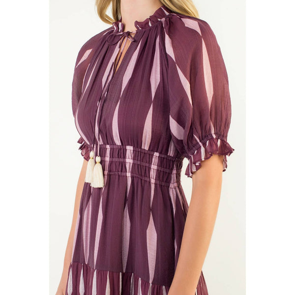 Short Sleeve Pattern Maxi Dress: BURGUNDY