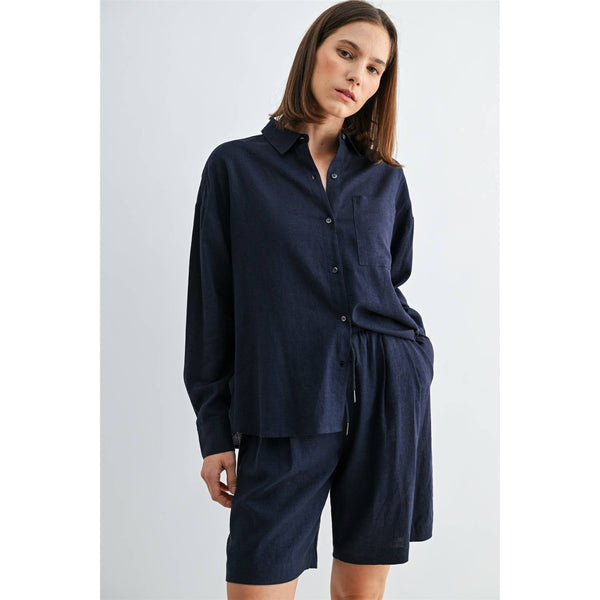 LINEN DROP SHOULDER SHIRT: Navy / S-M-L(2-2-2) - Lulu Bella Boutique