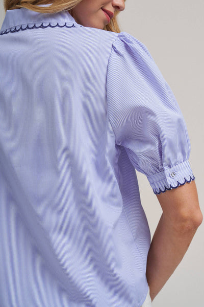 PIN STRIPE BLOUSE TOP WITH SCALLOP EDGE STITCHING DETAIL: BLUE/IVORY / S-M-L(2-2-2) - Lulu Bella Boutique