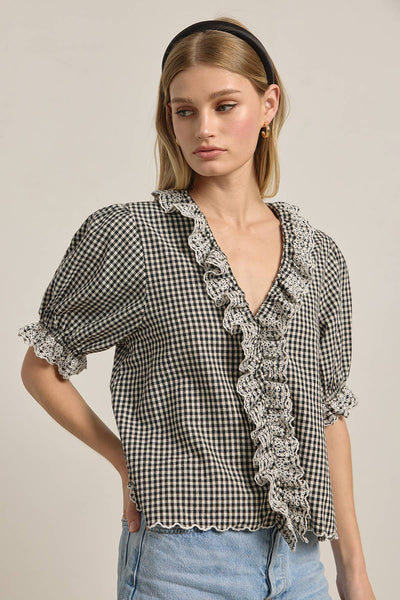 Gingham Lace Ruffle Blouse - RT1172: BLACK GINGHAM / S-M-L (3-2-1) - Lulu Bella Boutique