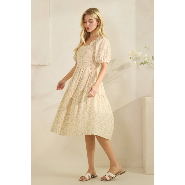 DITZY PRINT HALF SLEEVE SMOCKING DETAIL MIDI DRESS: YELLOW COMBO - Lulu Bella Boutique