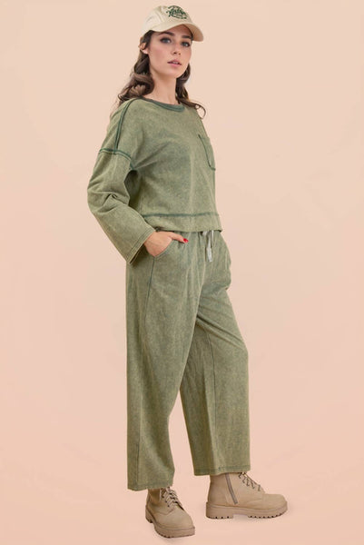 Mineral Washed Casual Knit Top & Pants Set: SAGE