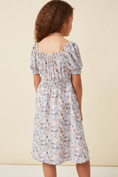 Girls Floral Print Smock Detail Puff Sleeve Mini Dress: Blue