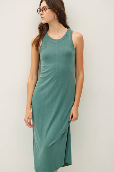 GARMENT WASHED RIBBED SLIM MIDI TANK DRESS: HUNTER / S - Lulu Bella Boutique