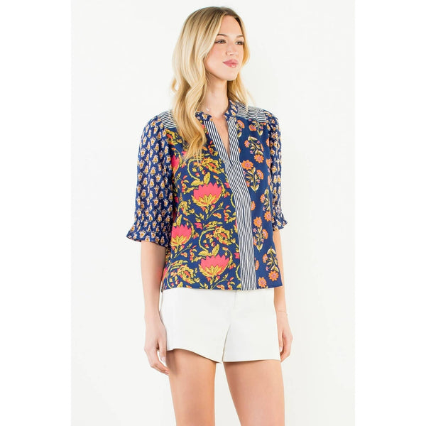 Short Sleeve Floral Detailed Top: BLUE / XS-S-M-L(1-2-2-1) - Lulu Bella Boutique