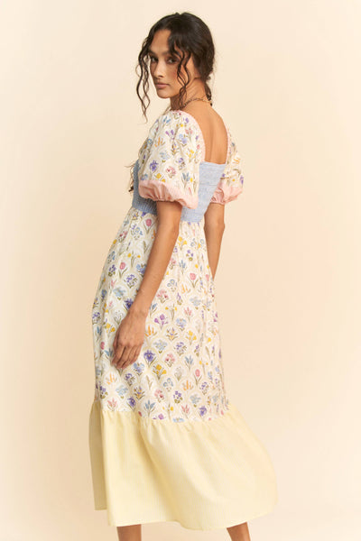 PLUS FLORAL BOUQUET PUFF SLEEVE TIERED DRESS: PASTEL YELLOW MULTI / 2XL - Lulu Bella Boutique