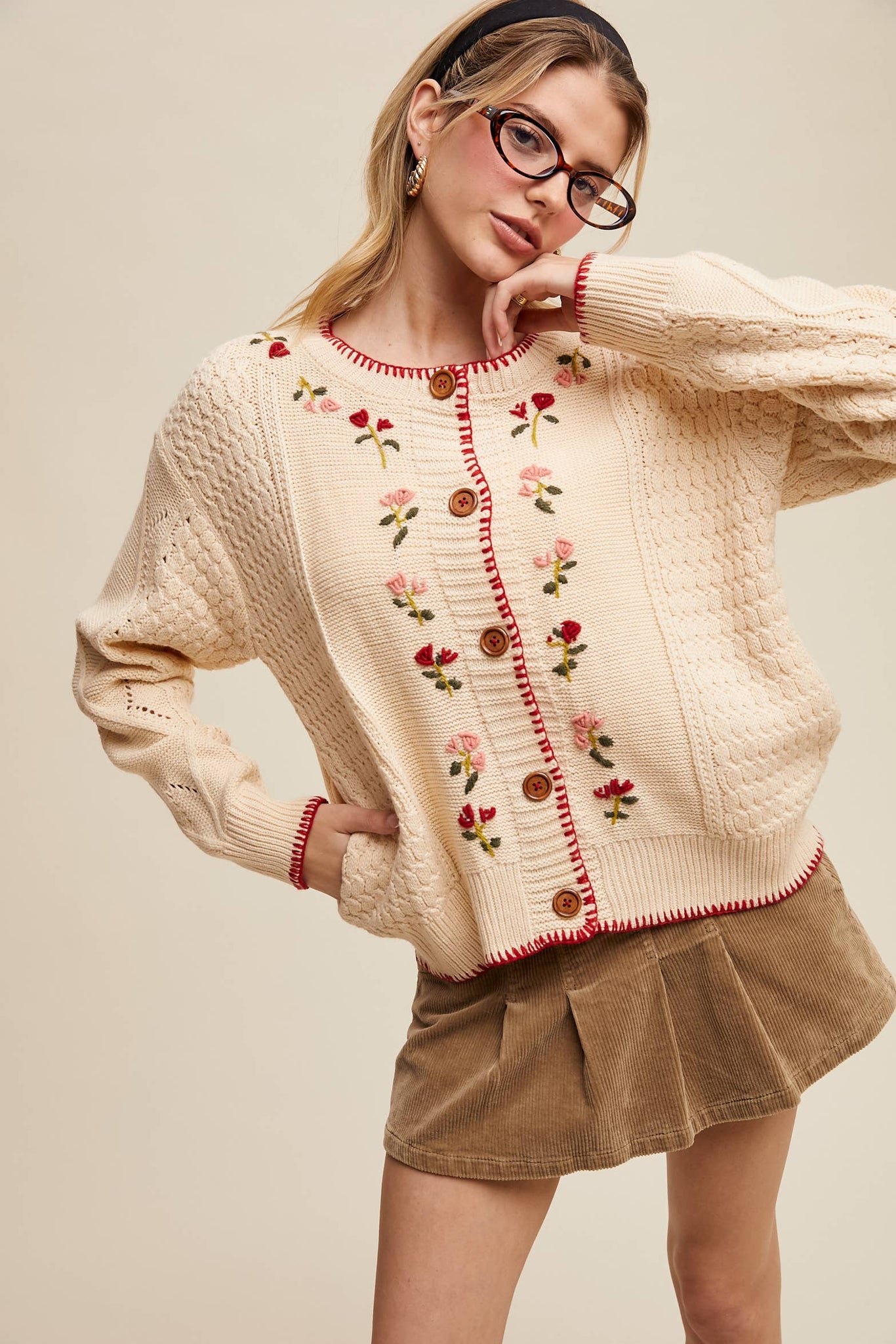 Floral Embroidered Button-Up Cardigan: Ecru