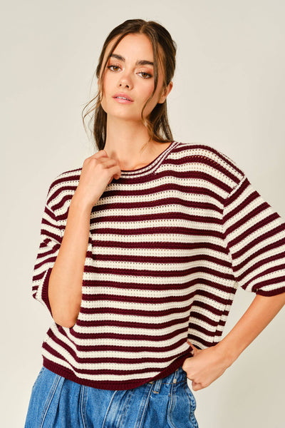 CROCHET STRIPED SHORT SLEEVE SWEATER TOP: WINE / IVORY