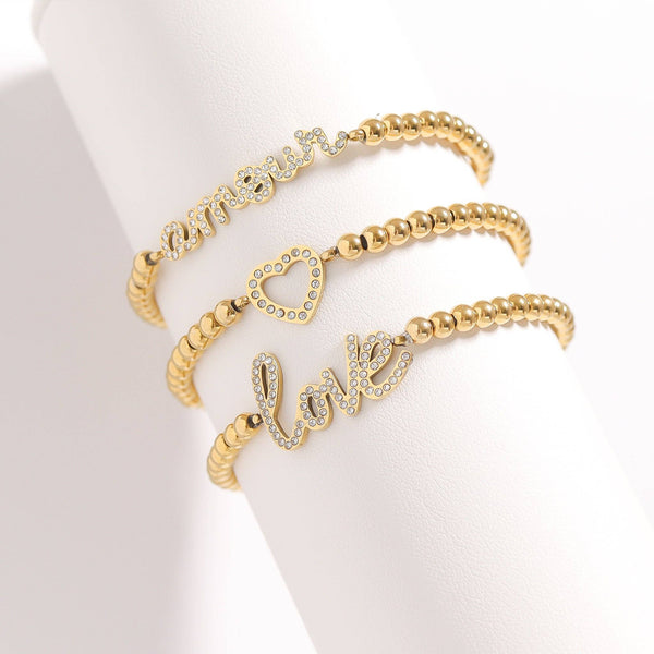 18K Gold PVD Stainless Steel Stone Heart Metal Beaded Stretch Bracelet: Gold