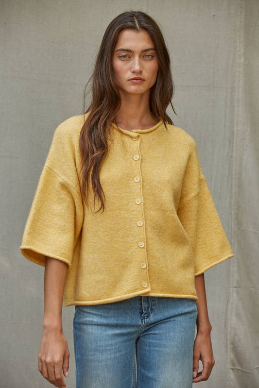 Knit Sweater Quarter Sleeve Button Up Cardigan Top: Light Mustard
