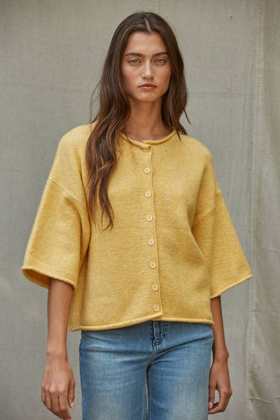Knit Sweater Quarter Sleeve Button Up Cardigan Top: Light Mustard